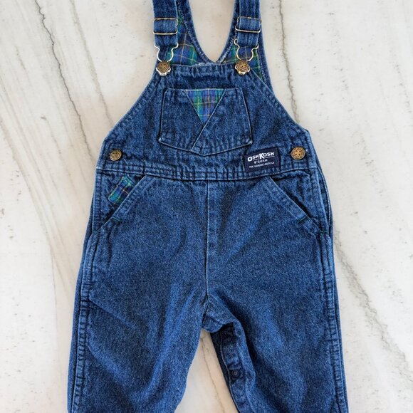 Vintage USA OshKosh B’Gosh Vestbak Overalls Jean Bibs Size 12M Plaid Line/Accent - Picture 1 of 8
